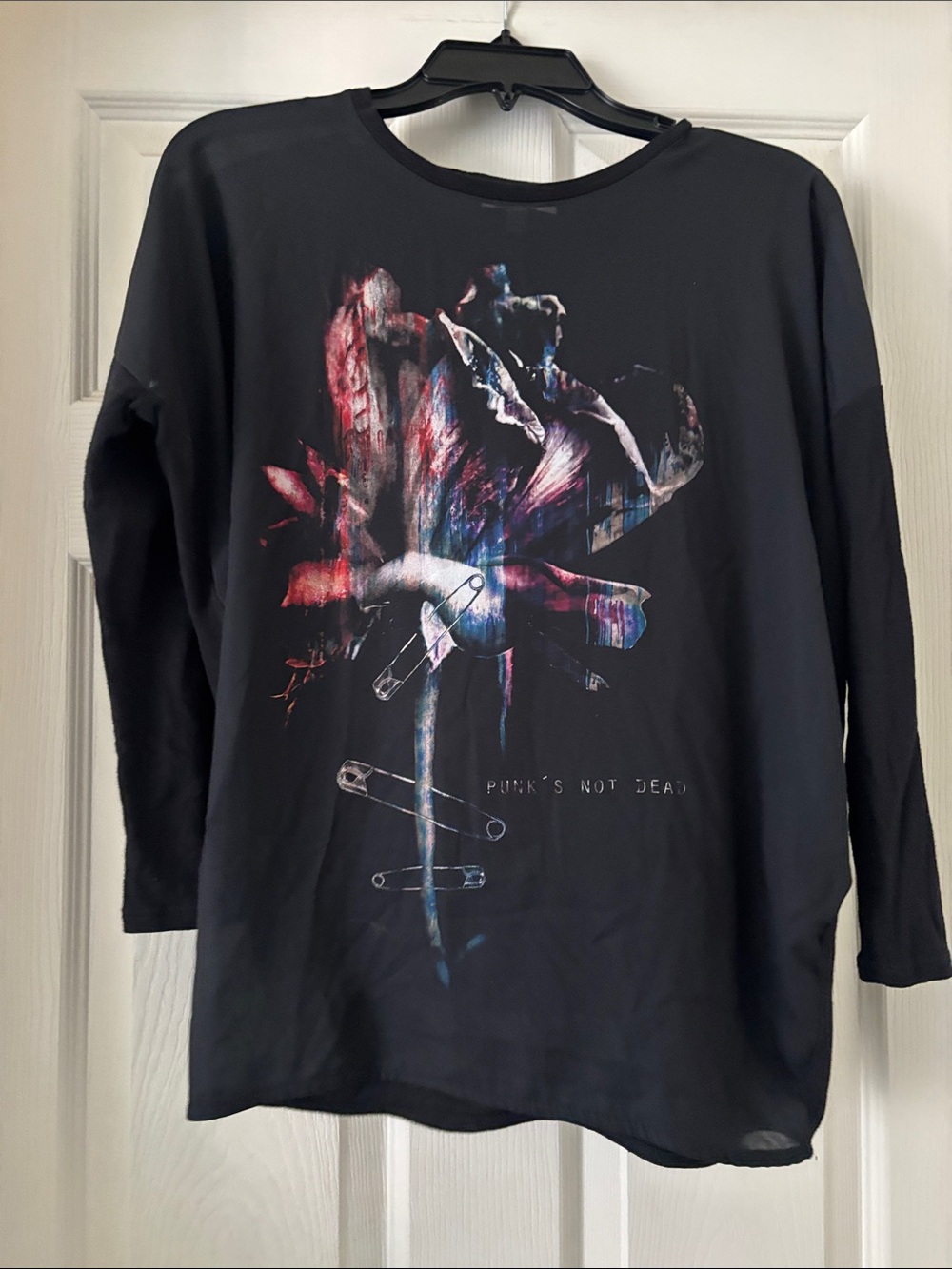 Zara Black Long Sleeve Graphic Tee with Multicolor Floral Art